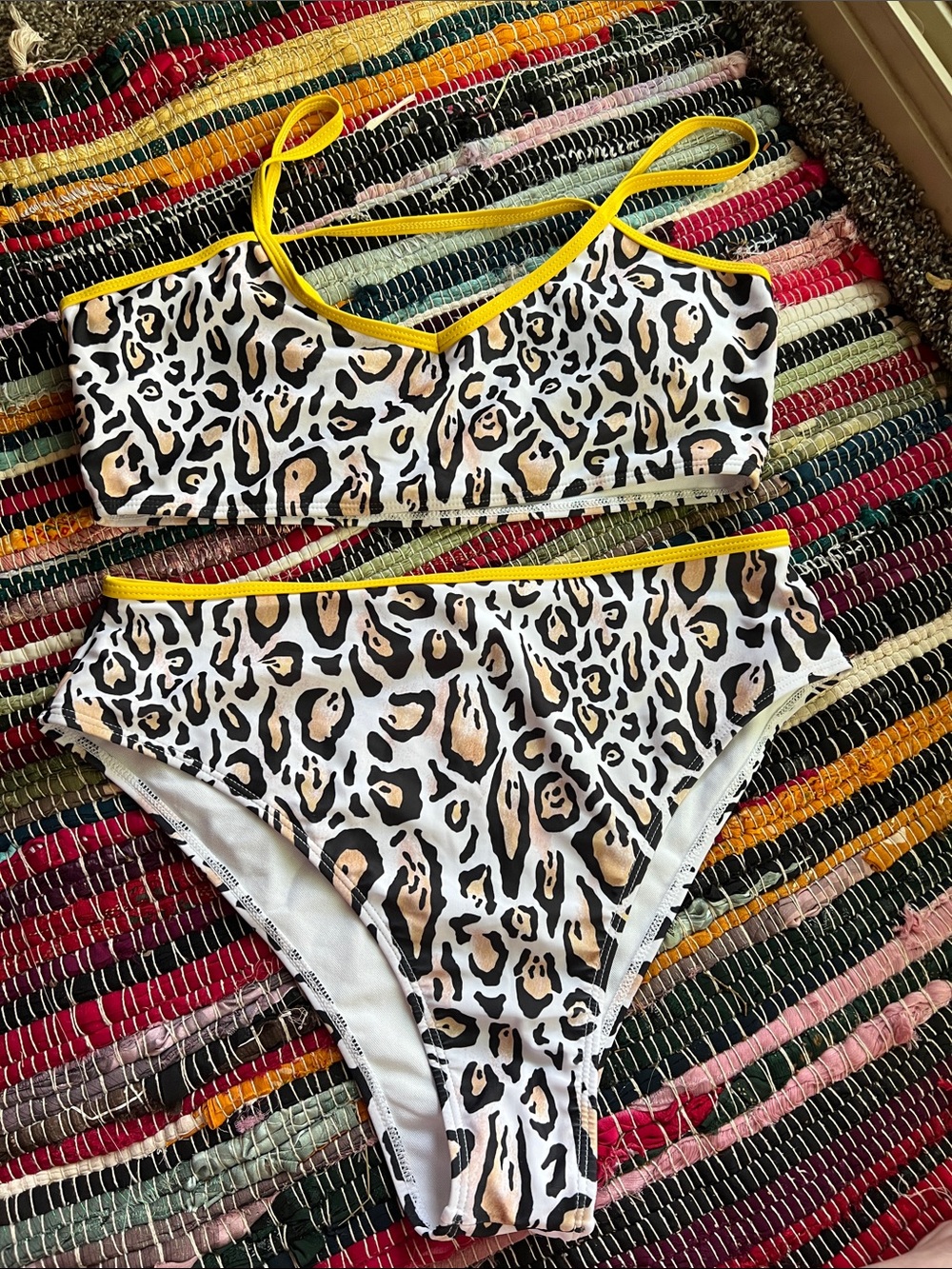 SHEIN Leopard Print High-Waist Bikini with Yellow Trim